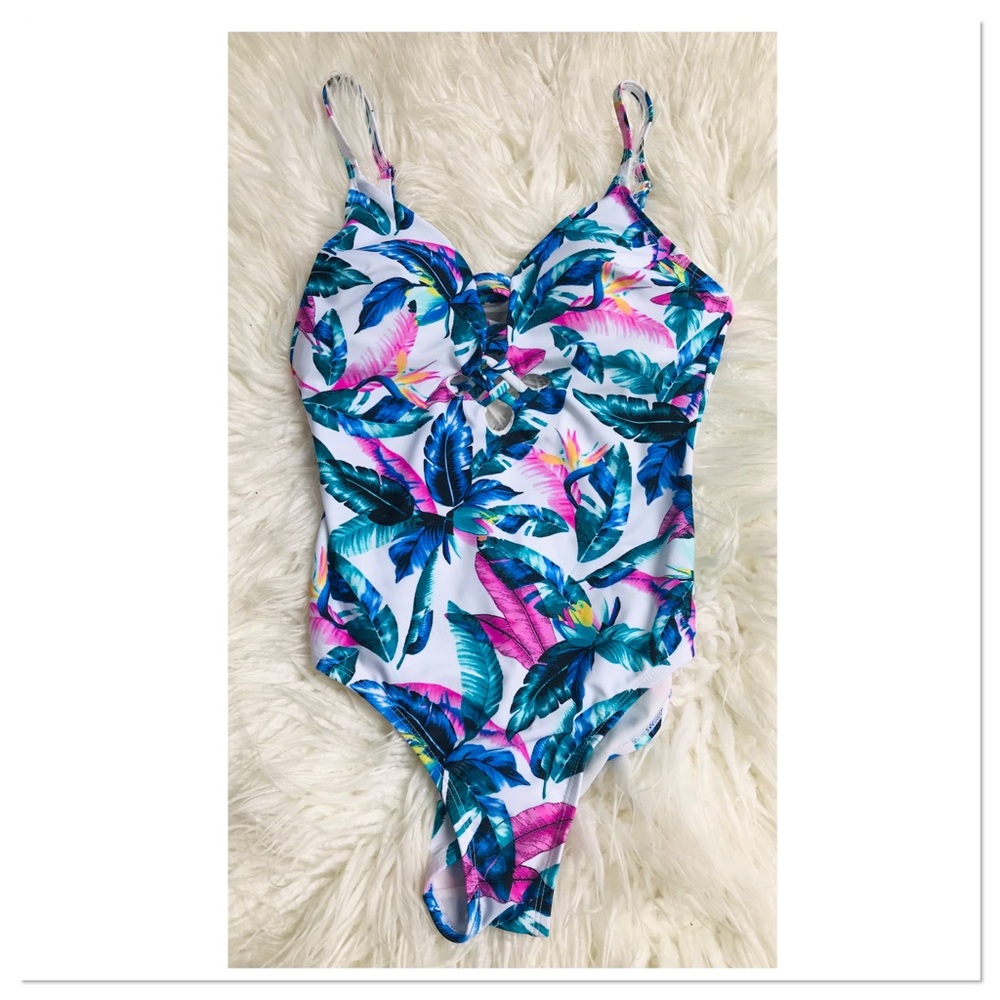 George Tropical Print One Piece Swimsuit White Pink Green Size Small Petite